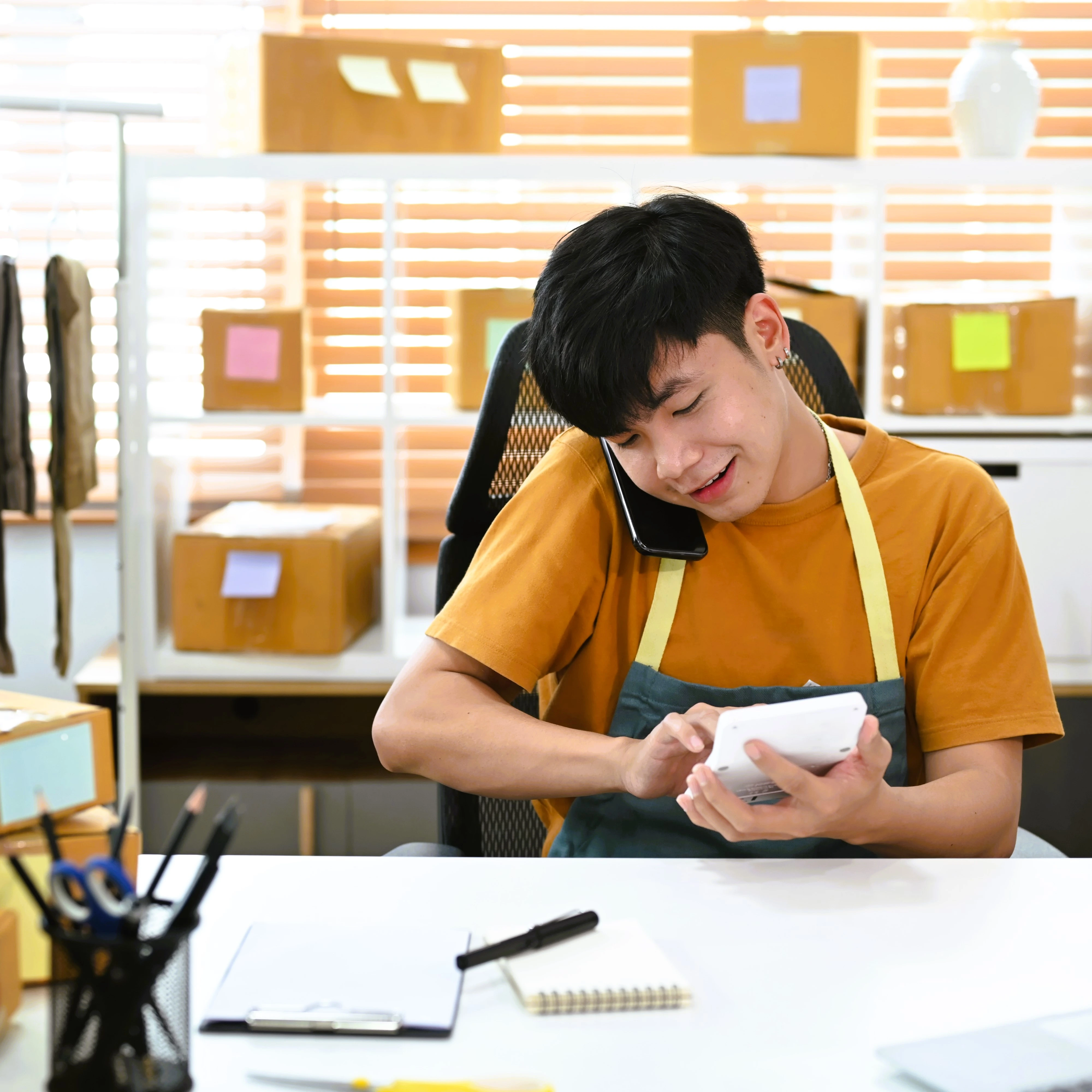 A teen enjoying work